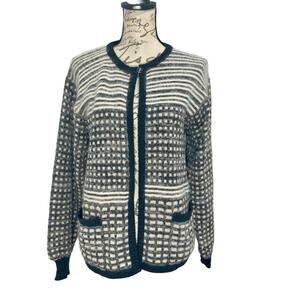 Vintage 1980s Cream & Gray Handmade Knit Open Cardigan Size Medium Geometric